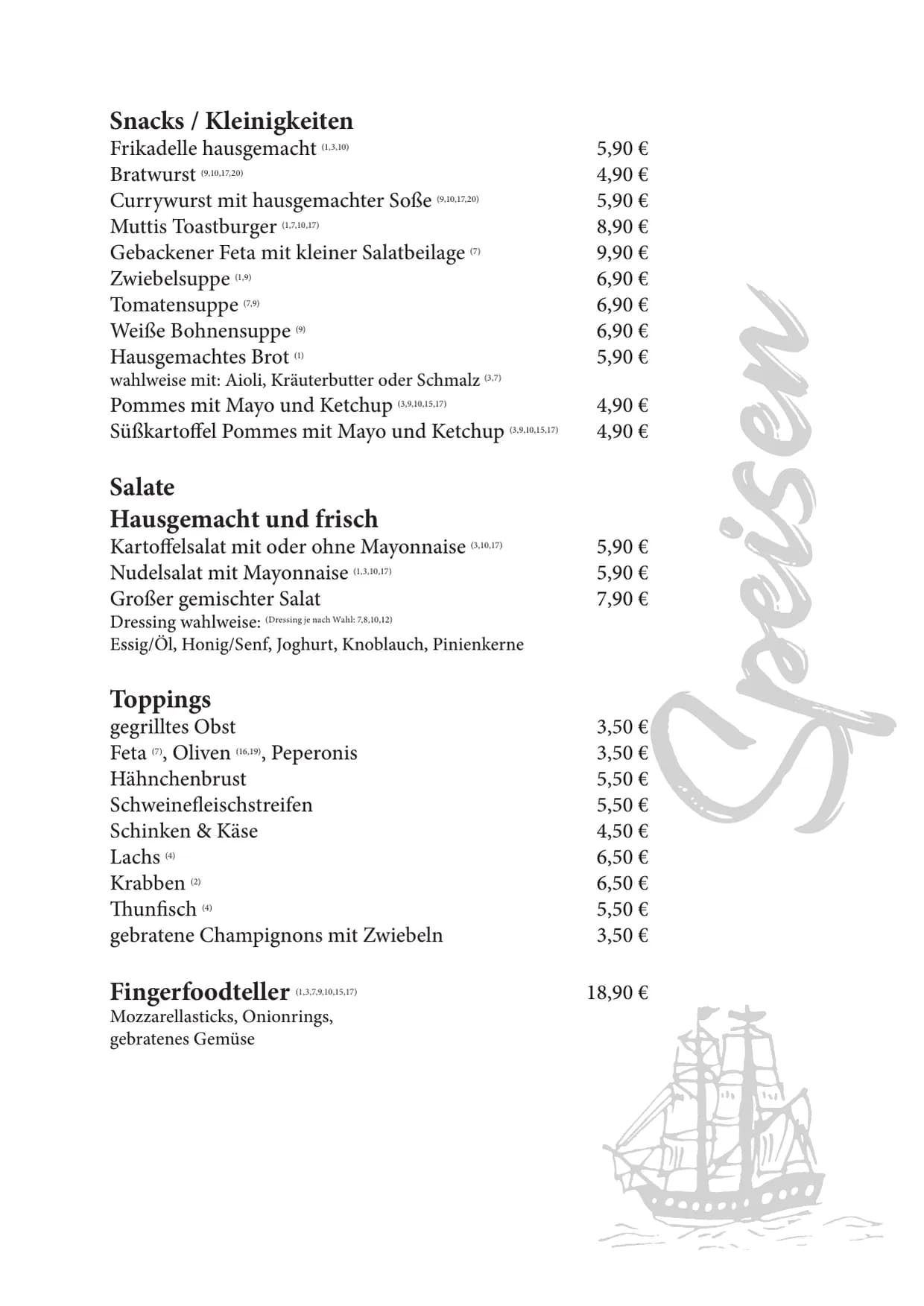 Erste Speisenseite der gedruckten Speisekarte: Snacks, Salate, Toppings