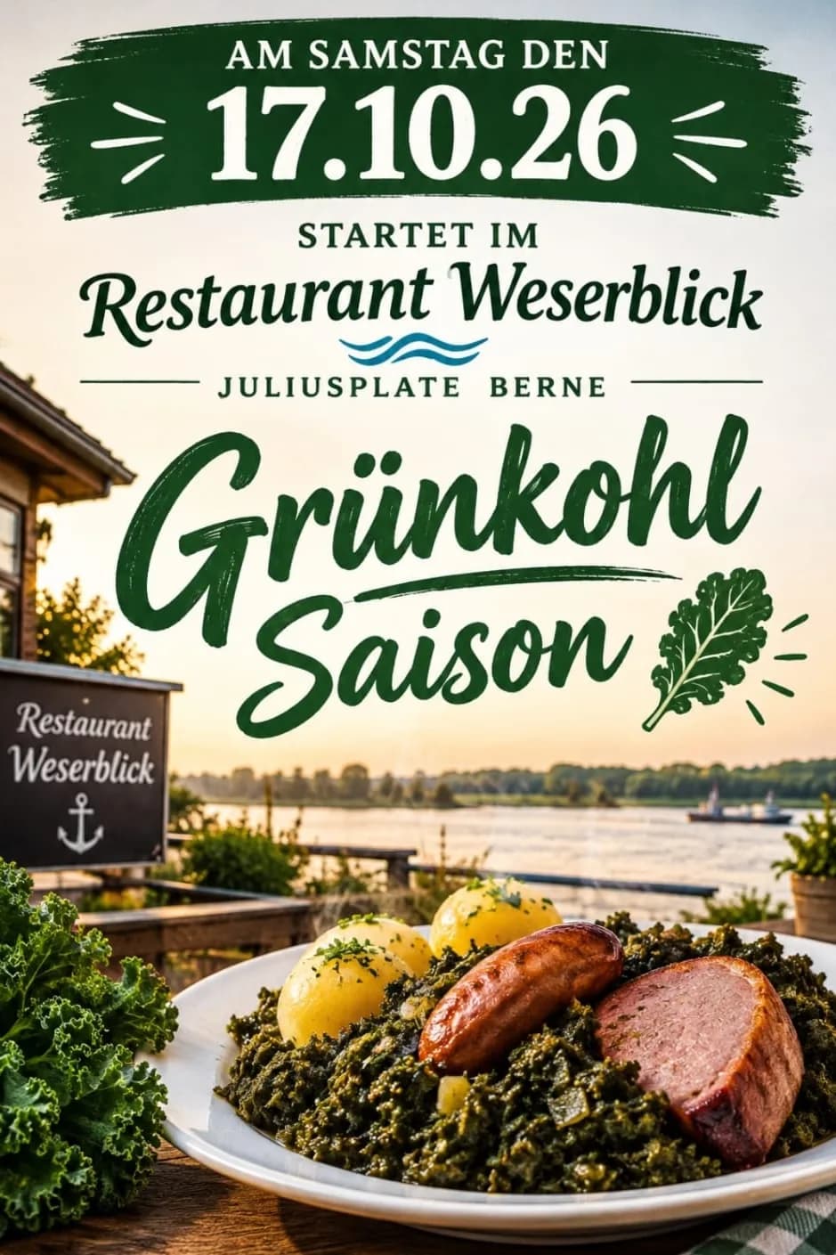 Plakat: Am Samstag, 17.10.26, startet im Restaurant Weserblick an der Juliusplate in Berne die Grünkohl-Saison