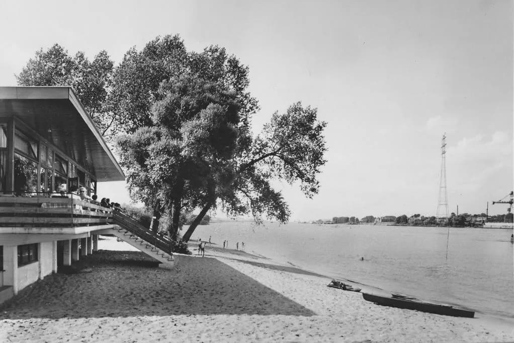 Schwarzweißfoto: das feste Haus auf Stelzen mit Außentreppe am Sandstrand, daneben ein großer Baum, rechts die Weser