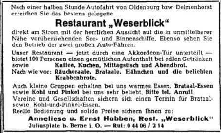 Zeitungsanzeige des Restaurant Weserblick: Räucheraale, Brataale, Hähnchen und Krabbenbrote, Kohl und Pinkel für Vereine, unterzeichnet von Anneliese und Ernst Habben