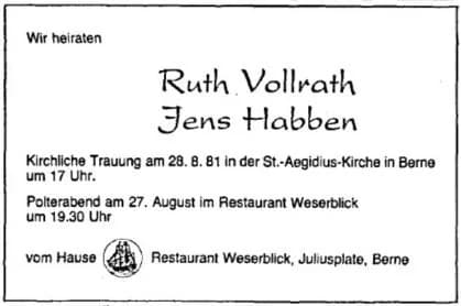 Hochzeitsanzeige von Ruth Vollrath und Jens Habben mit Einladung zum Polterabend im Restaurant Weserblick