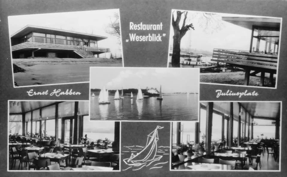 Postkarte mit fünf Ansichten: das Haus auf Stelzen, die Terrasse am Wasser, Segelboote und ein Frachter auf der Weser, zweimal der Gastraum