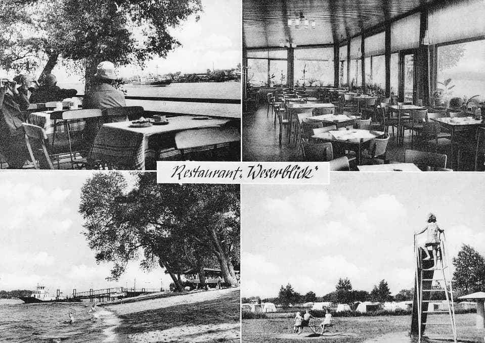 Postkarte mit vier Ansichten: Gäste auf der Terrasse, der Gastraum mit Panoramafenstern, Bäume am Ufer und Strandleben mit Badeaufsicht